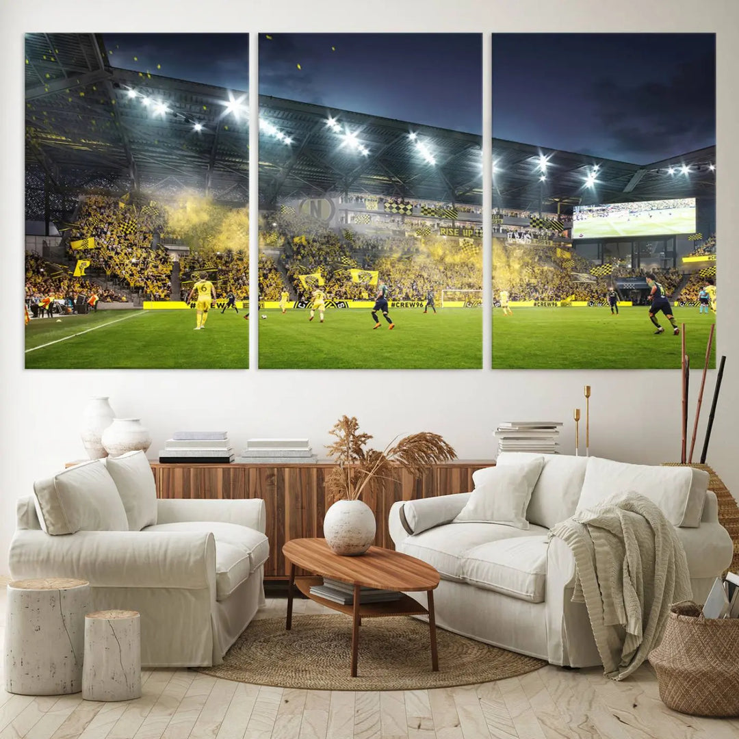 The Columbus Crew Stadium Match Triple Canvas Wall Art, featuring a dynamic MLS game scene, captures the excitement of a thrilling soccer match with stadium lights illuminating the field and crowd.