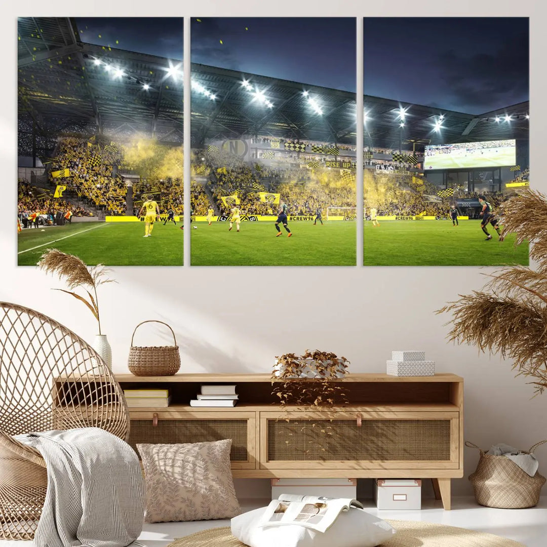 The Columbus Crew Stadium Match Triple Canvas Wall Art, featuring a dynamic MLS game scene, captures the excitement of a thrilling soccer match with stadium lights illuminating the field and crowd.