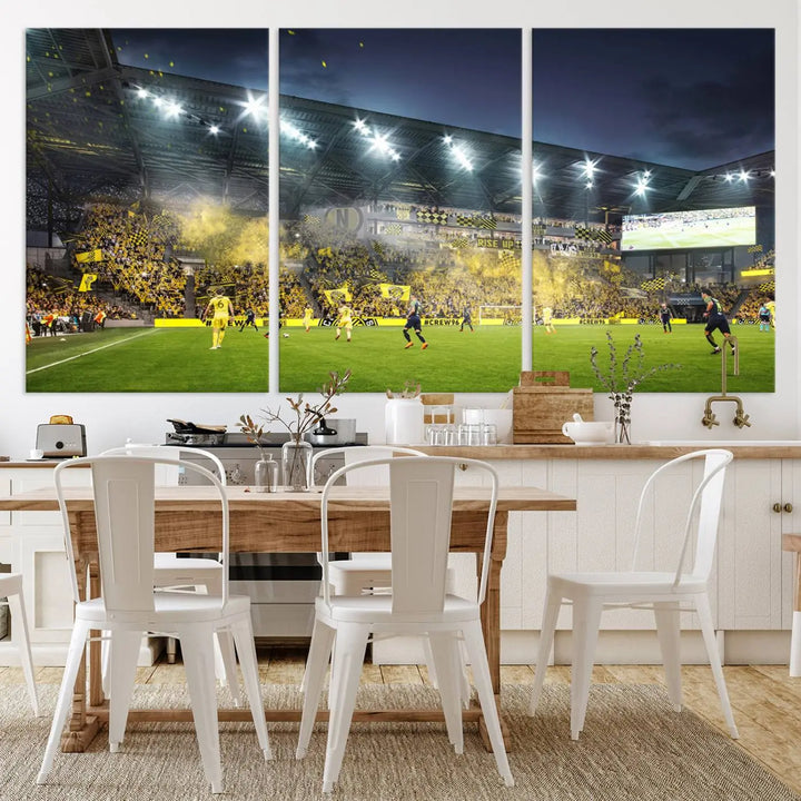 The Columbus Crew Stadium Match Triple Canvas Wall Art, featuring a dynamic MLS game scene, captures the excitement of a thrilling soccer match with stadium lights illuminating the field and crowd.