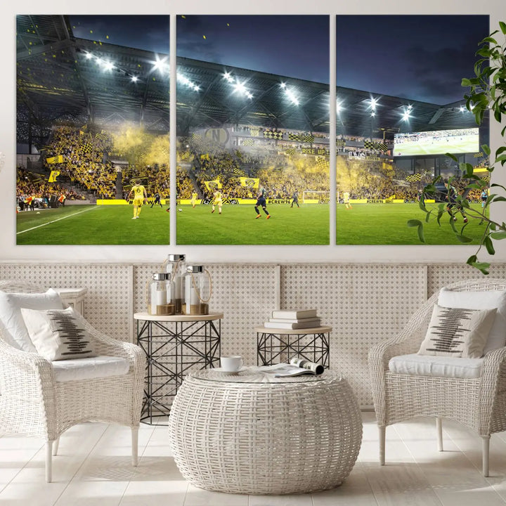 The Columbus Crew Stadium Match Triple Canvas Wall Art, featuring a dynamic MLS game scene, captures the excitement of a thrilling soccer match with stadium lights illuminating the field and crowd.