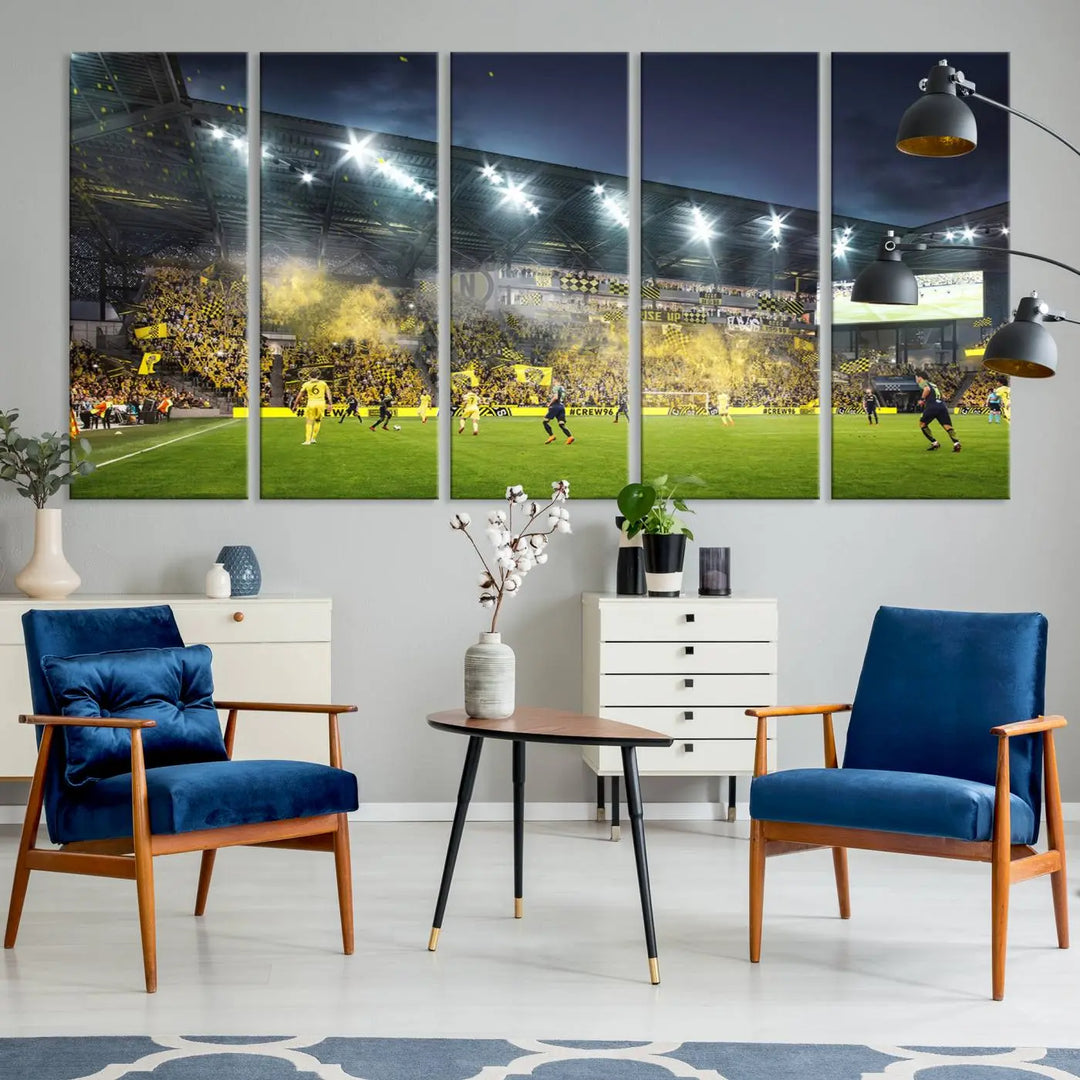 The Columbus Crew Stadium Match Triple Canvas Wall Art, featuring a dynamic MLS game scene, captures the excitement of a thrilling soccer match with stadium lights illuminating the field and crowd.