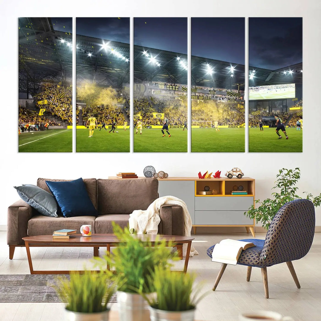 The Columbus Crew Stadium Match Triple Canvas Wall Art, featuring a dynamic MLS game scene, captures the excitement of a thrilling soccer match with stadium lights illuminating the field and crowd.