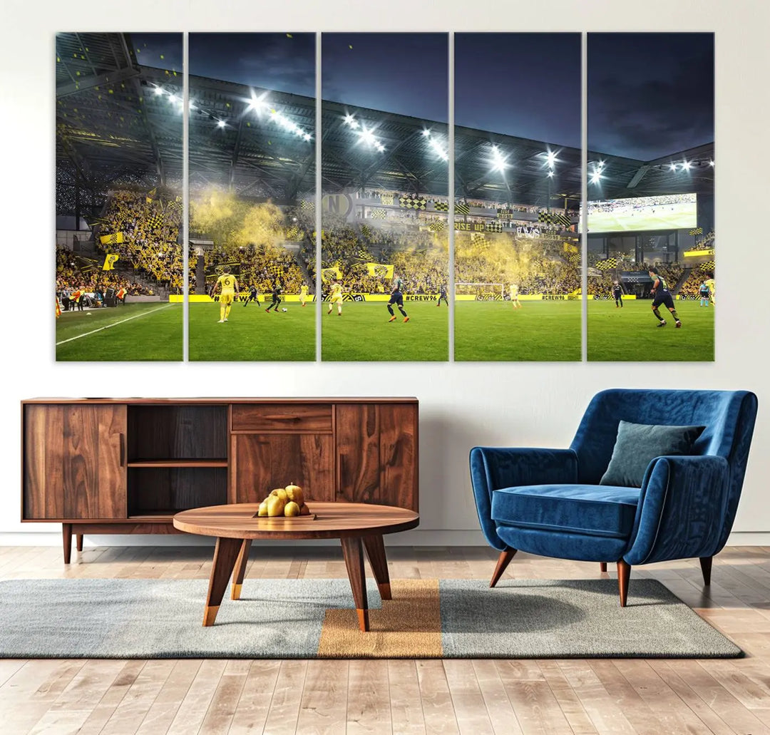 The Columbus Crew Stadium Match Triple Canvas Wall Art, featuring a dynamic MLS game scene, captures the excitement of a thrilling soccer match with stadium lights illuminating the field and crowd.