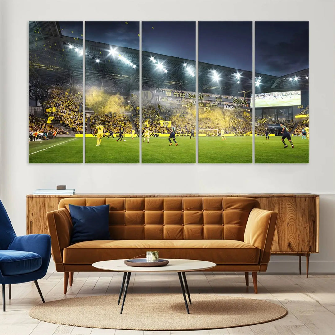 The Columbus Crew Stadium Match Triple Canvas Wall Art, featuring a dynamic MLS game scene, captures the excitement of a thrilling soccer match with stadium lights illuminating the field and crowd.