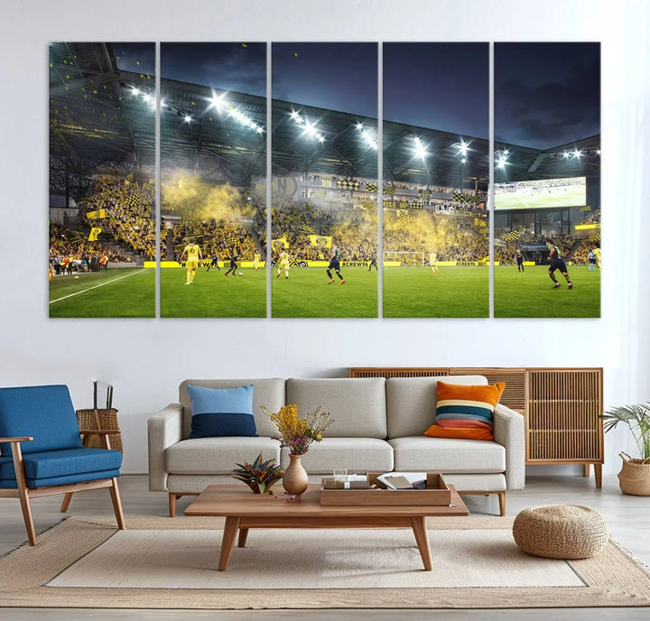 The Columbus Crew Stadium Match Triple Canvas Wall Art, featuring a dynamic MLS game scene, captures the excitement of a thrilling soccer match with stadium lights illuminating the field and crowd.