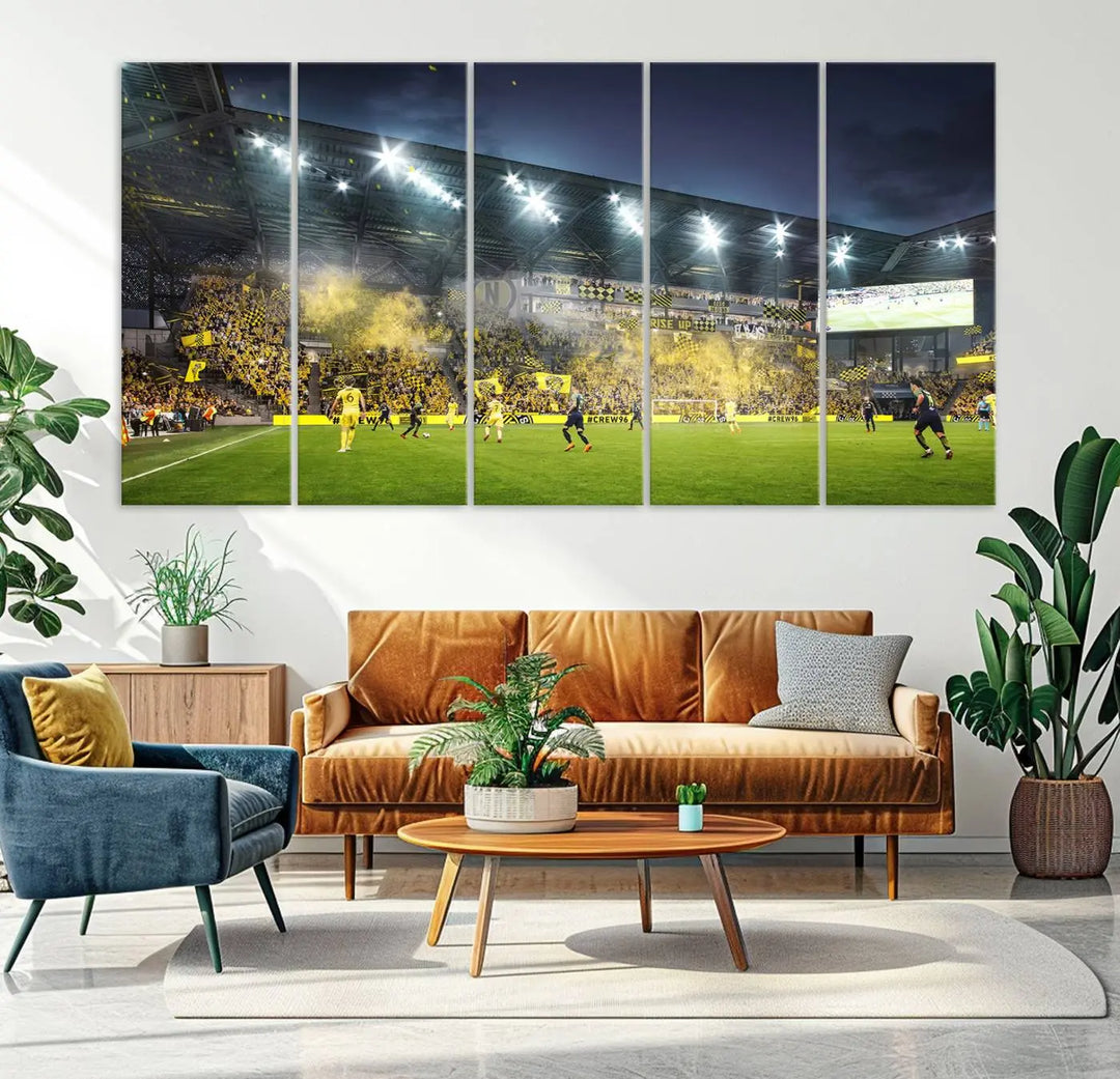 The Columbus Crew Stadium Match Triple Canvas Wall Art, featuring a dynamic MLS game scene, captures the excitement of a thrilling soccer match with stadium lights illuminating the field and crowd.