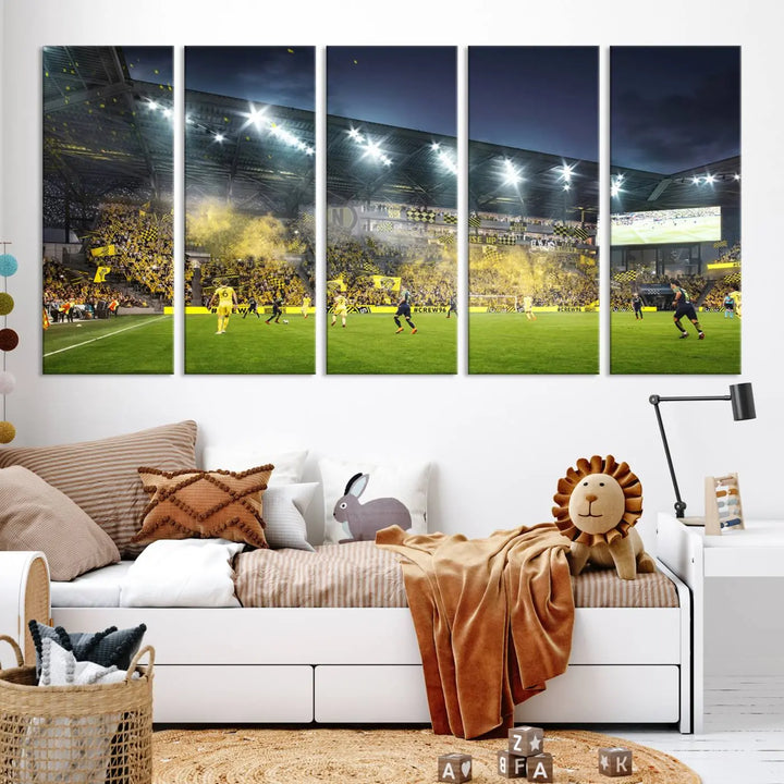 The Columbus Crew Stadium Match Triple Canvas Wall Art, featuring a dynamic MLS game scene, captures the excitement of a thrilling soccer match with stadium lights illuminating the field and crowd.