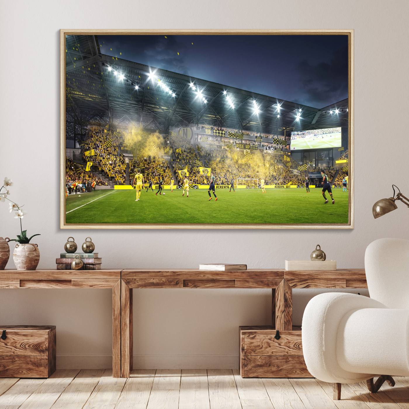 65820-MGV-FC-36X24_Natural-Columbus Crew Stadium Match Triple Canvas Wall Art - Dynamic MLS Game Scene Canvas Wall Art