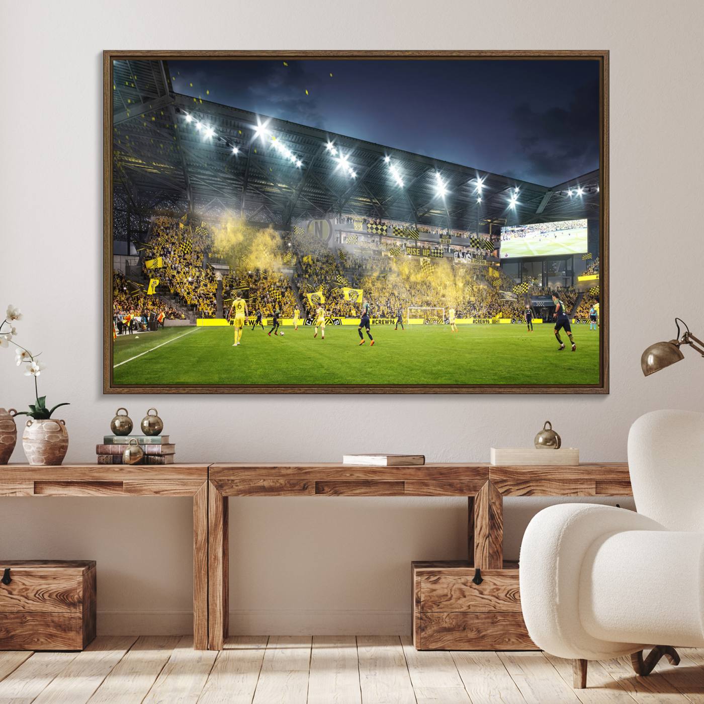65820-MGV-FC-36X24_Walnut-Columbus Crew Stadium Match Triple Canvas Wall Art - Dynamic MLS Game Scene Canvas Wall Art