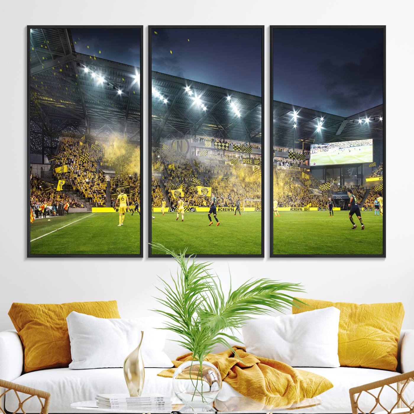 65820-MGV-FC-48X32-3P_Black-Columbus Crew Stadium Match Triple Canvas Wall Art - Dynamic MLS Game Scene Canvas Wall Art