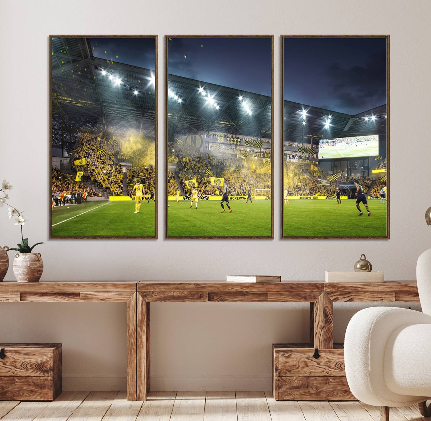 65820-MGV-FC-48X32-3P_Walnut-Columbus Crew Stadium Match Triple Canvas Wall Art - Dynamic MLS Game Scene Canvas Wall Art