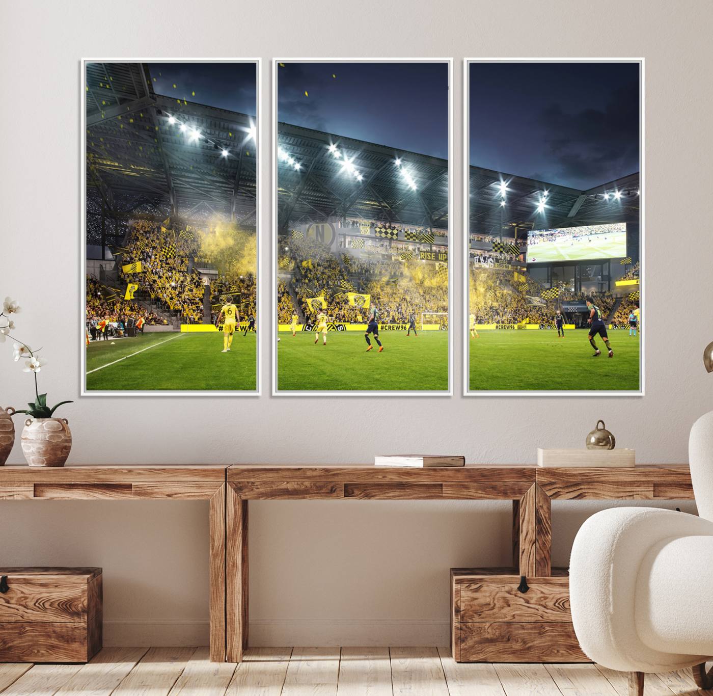 65820-MGV-FC-48X32-3P_White-Columbus Crew Stadium Match Triple Canvas Wall Art - Dynamic MLS Game Scene Canvas Wall Art