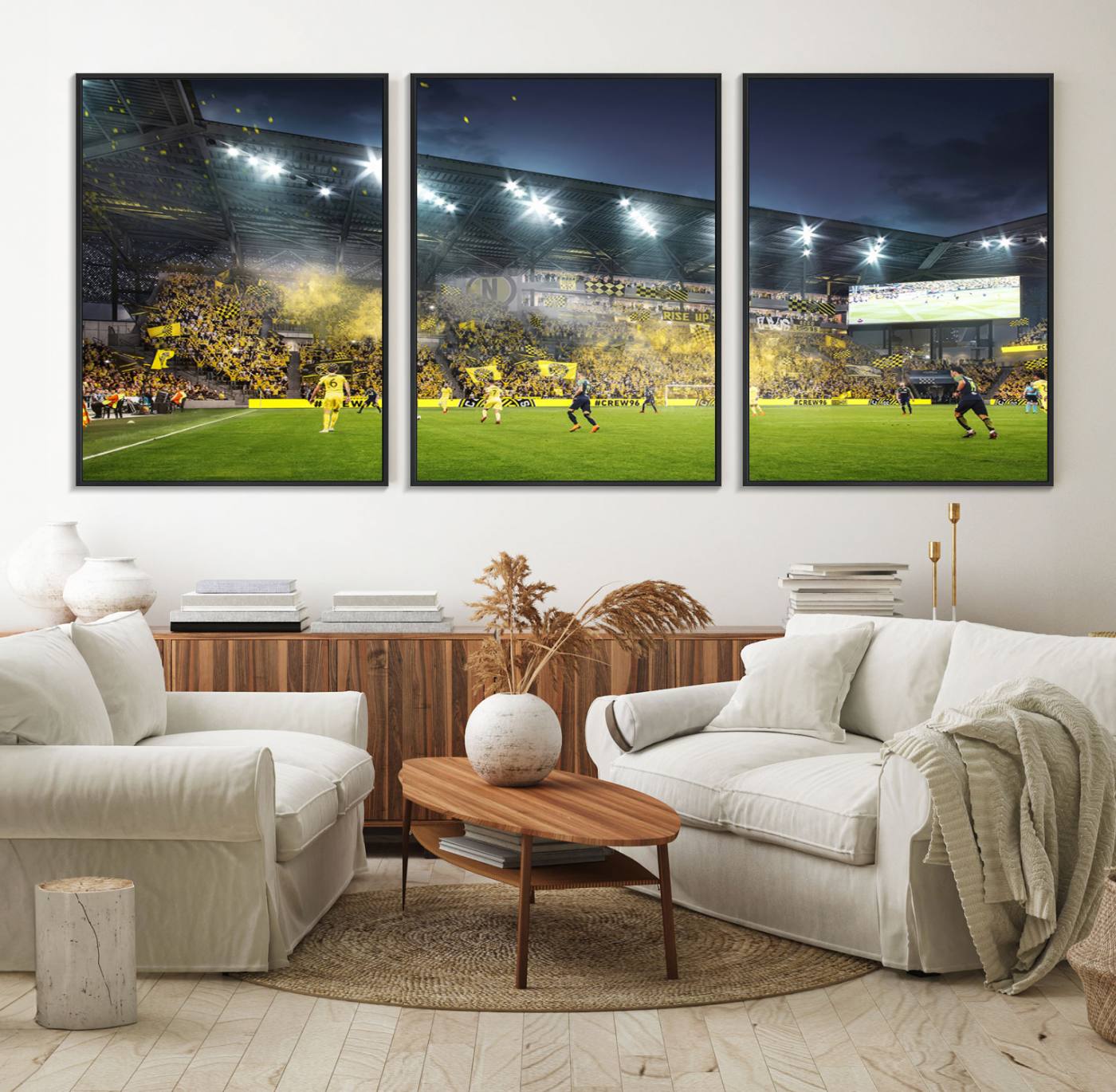 65820-MGV-FC-60X30-3P_Black-Columbus Crew Stadium Match Triple Canvas Wall Art - Dynamic MLS Game Scene Canvas Wall Art