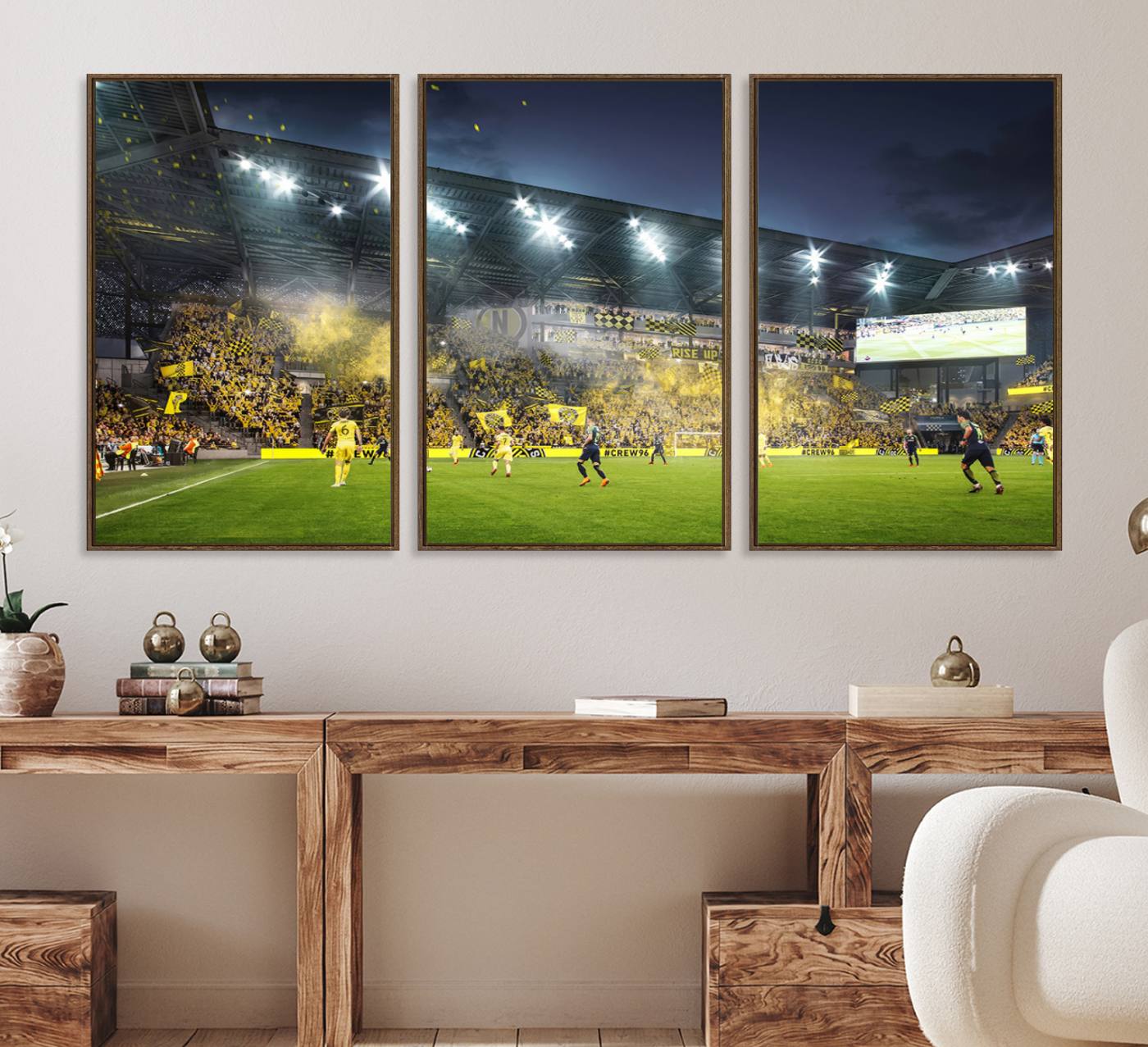 65820-MGV-FC-60X30-3P_Walnut-Columbus Crew Stadium Match Triple Canvas Wall Art - Dynamic MLS Game Scene Canvas Wall Art