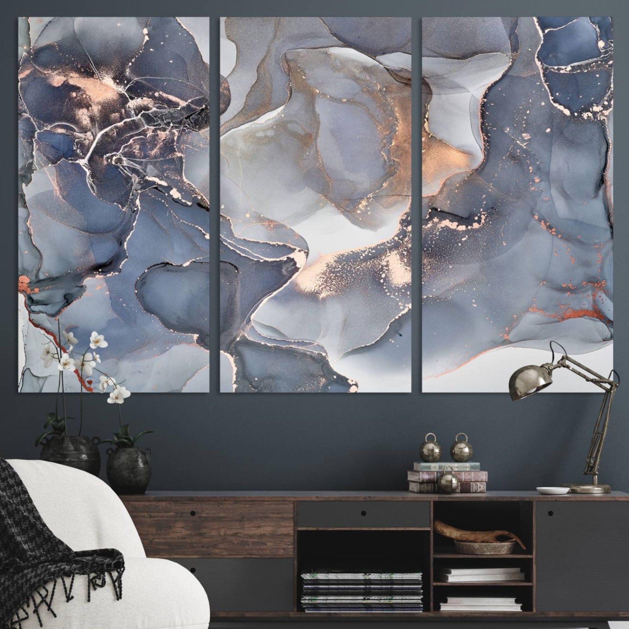 81843-MGV-CV-48X32-3P-Contemporary Art Gray Gold Abstract Canvas Art Print