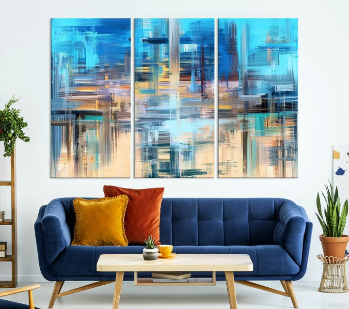 Contemporary abstract triptych with blue and beige strokes, crafted on museum-quality canvas from the "Contemporary Work of Art Blue Abstract Canvas Painting Wall Art Canvas Print" collection.