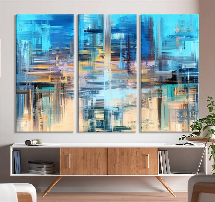 Contemporary abstract triptych with blue and beige strokes, crafted on museum-quality canvas from the "Contemporary Work of Art Blue Abstract Canvas Painting Wall Art Canvas Print" collection.