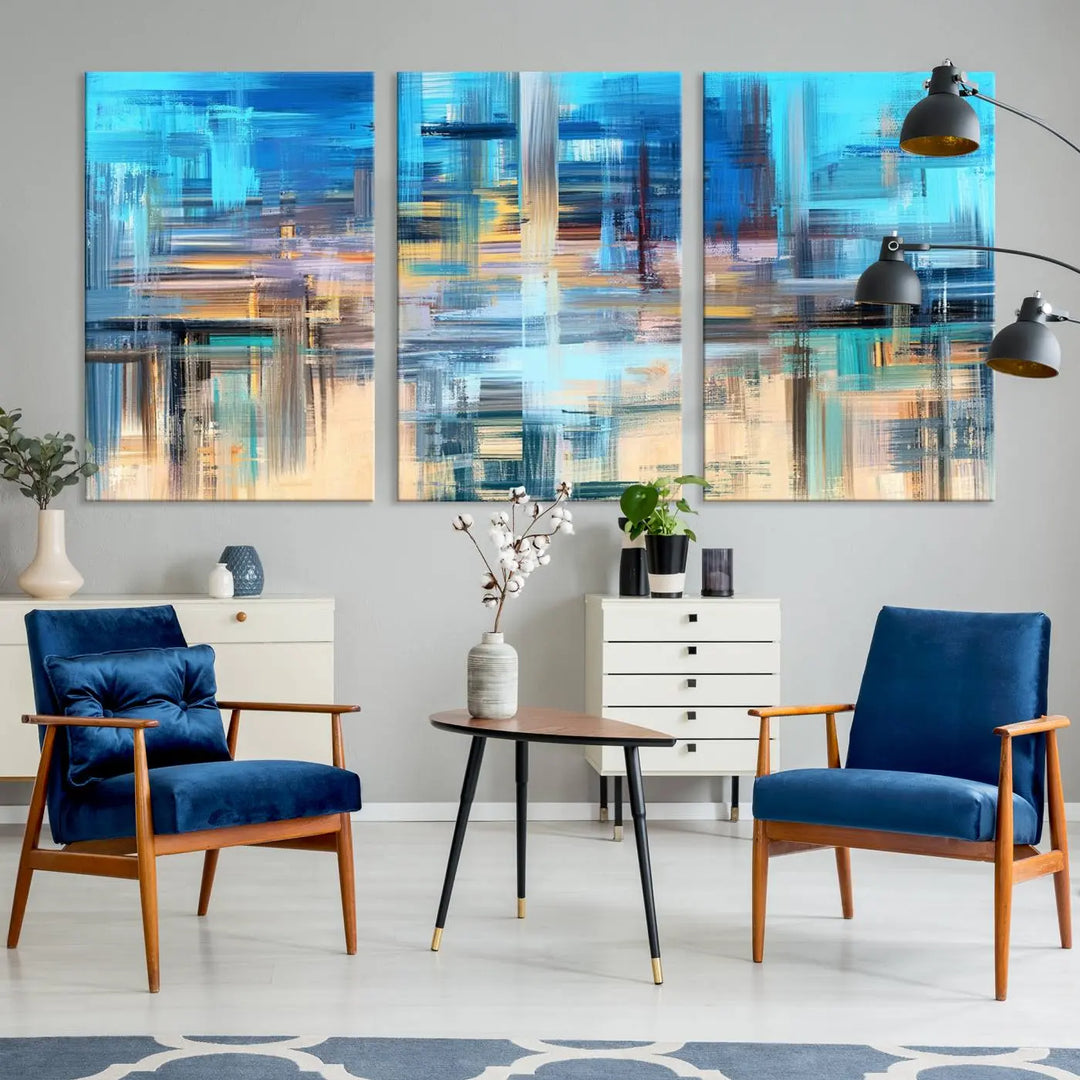 Contemporary abstract triptych with blue and beige strokes, crafted on museum-quality canvas from the "Contemporary Work of Art Blue Abstract Canvas Painting Wall Art Canvas Print" collection.