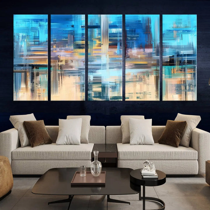 Contemporary abstract triptych with blue and beige strokes, crafted on museum-quality canvas from the "Contemporary Work of Art Blue Abstract Canvas Painting Wall Art Canvas Print" collection.