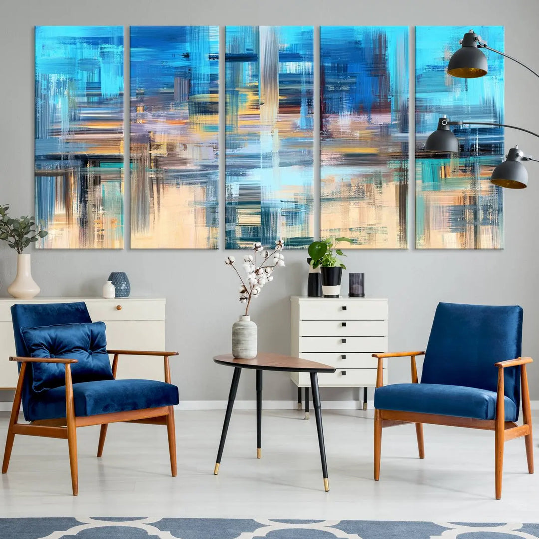 Contemporary abstract triptych with blue and beige strokes, crafted on museum-quality canvas from the "Contemporary Work of Art Blue Abstract Canvas Painting Wall Art Canvas Print" collection.