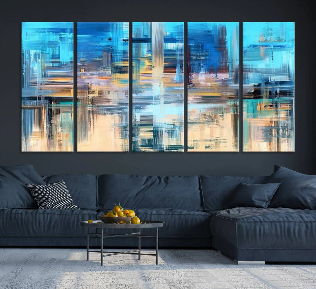 Contemporary abstract triptych with blue and beige strokes, crafted on museum-quality canvas from the "Contemporary Work of Art Blue Abstract Canvas Painting Wall Art Canvas Print" collection.