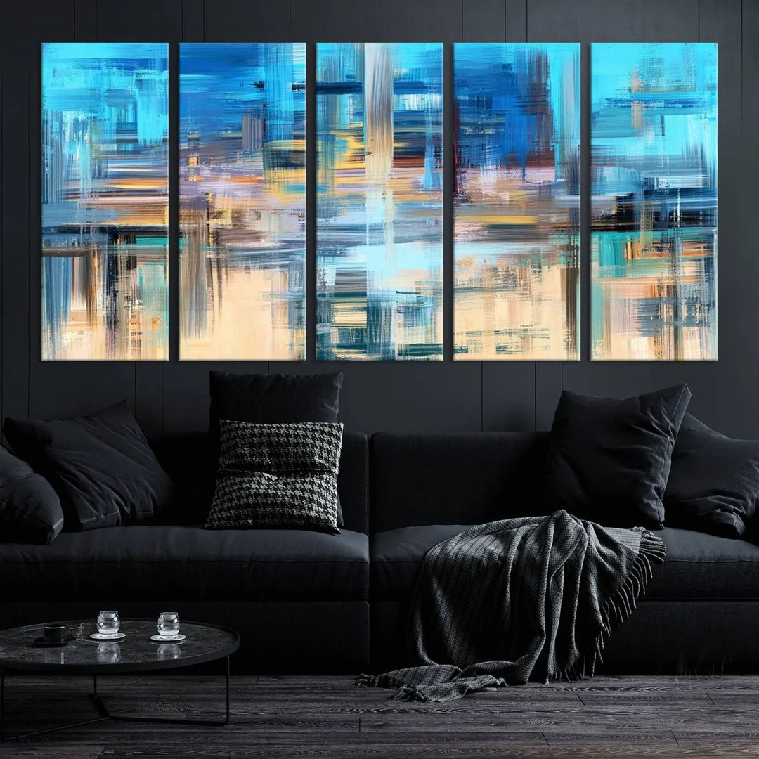 Contemporary abstract triptych with blue and beige strokes, crafted on museum-quality canvas from the "Contemporary Work of Art Blue Abstract Canvas Painting Wall Art Canvas Print" collection.