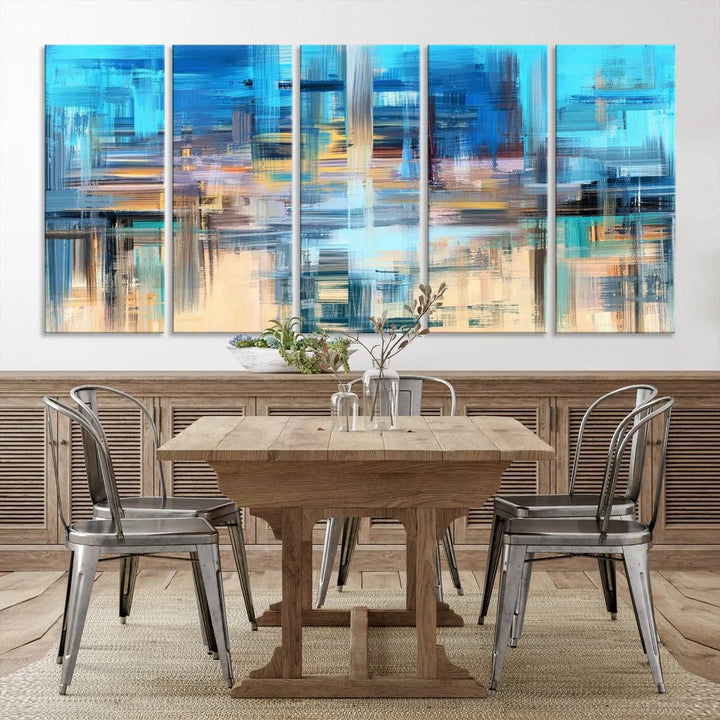 Contemporary abstract triptych with blue and beige strokes, crafted on museum-quality canvas from the "Contemporary Work of Art Blue Abstract Canvas Painting Wall Art Canvas Print" collection.