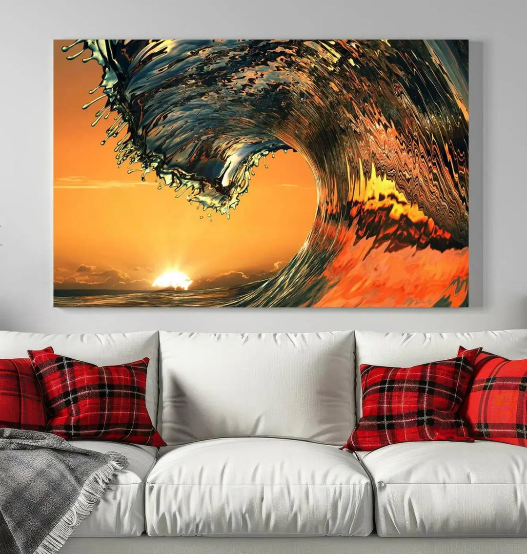 Enhance your modern living room with the Cool Rip Curl Ocean Wave with Perfect Sunset canvas wall art print, a museum-quality triptych depicting a crashing wave at sunset, beautifully crafted on premium canvas.