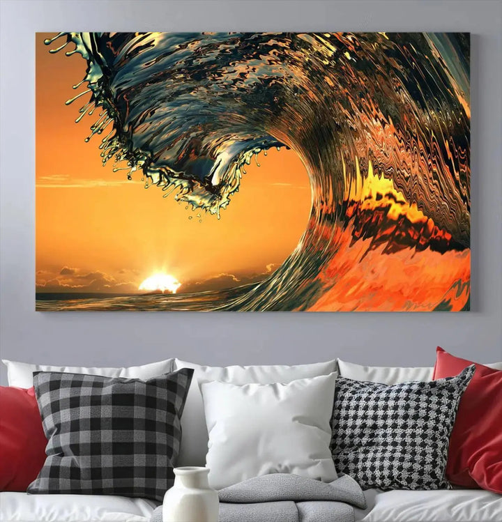 Enhance your modern living room with the Cool Rip Curl Ocean Wave with Perfect Sunset canvas wall art print, a museum-quality triptych depicting a crashing wave at sunset, beautifully crafted on premium canvas.