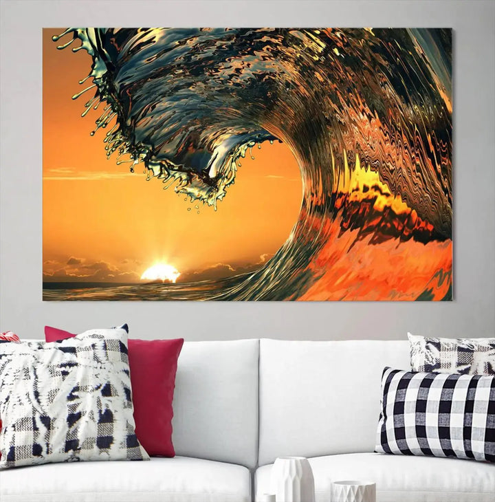 Enhance your modern living room with the Cool Rip Curl Ocean Wave with Perfect Sunset canvas wall art print, a museum-quality triptych depicting a crashing wave at sunset, beautifully crafted on premium canvas.