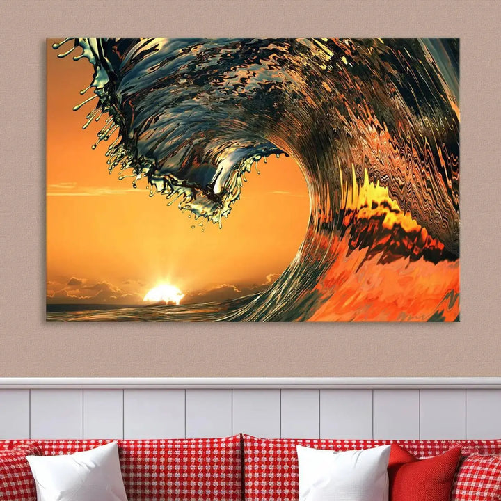 Enhance your modern living room with the Cool Rip Curl Ocean Wave with Perfect Sunset canvas wall art print, a museum-quality triptych depicting a crashing wave at sunset, beautifully crafted on premium canvas.