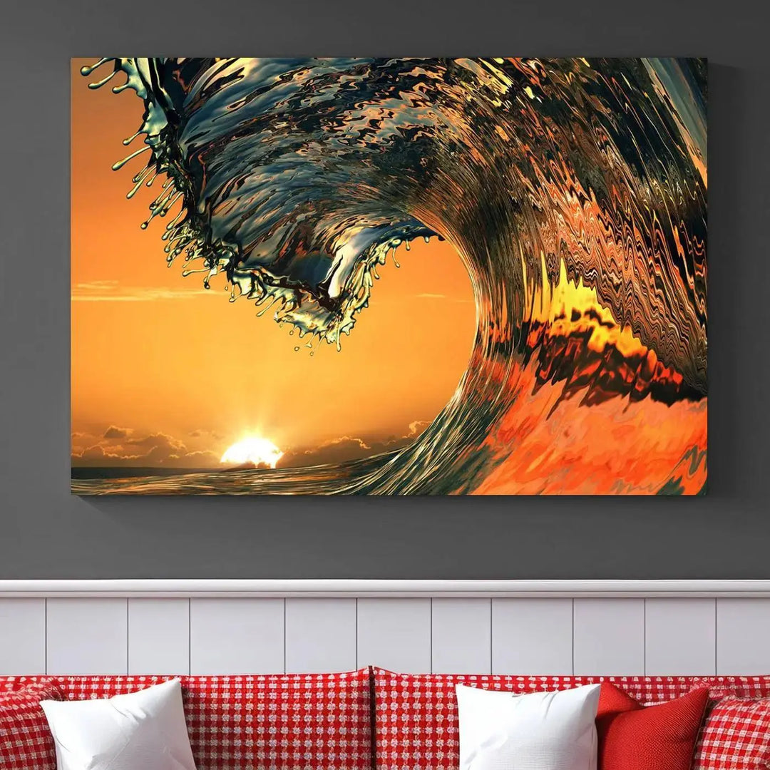 Enhance your modern living room with the Cool Rip Curl Ocean Wave with Perfect Sunset canvas wall art print, a museum-quality triptych depicting a crashing wave at sunset, beautifully crafted on premium canvas.