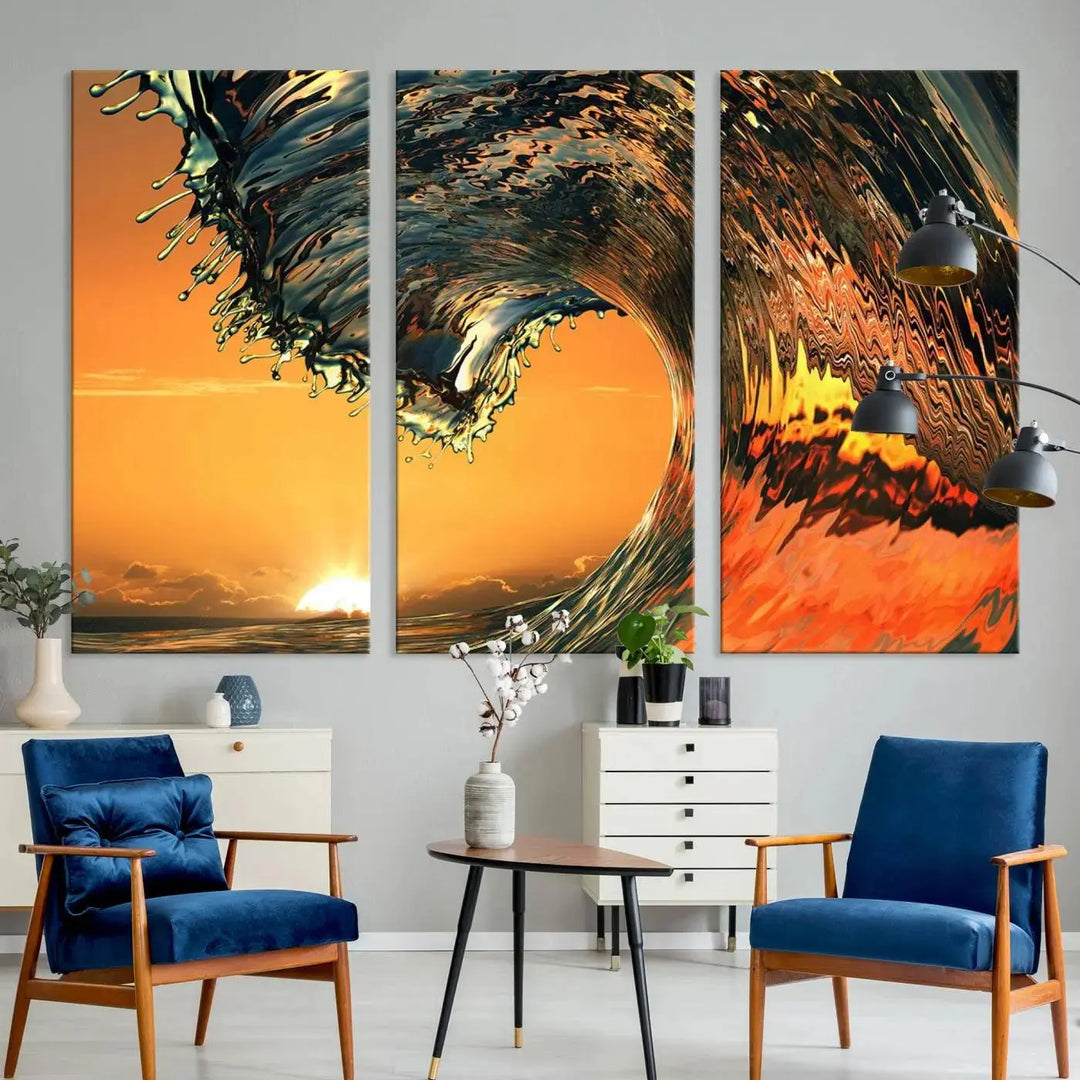 Enhance your modern living room with the Cool Rip Curl Ocean Wave with Perfect Sunset canvas wall art print, a museum-quality triptych depicting a crashing wave at sunset, beautifully crafted on premium canvas.