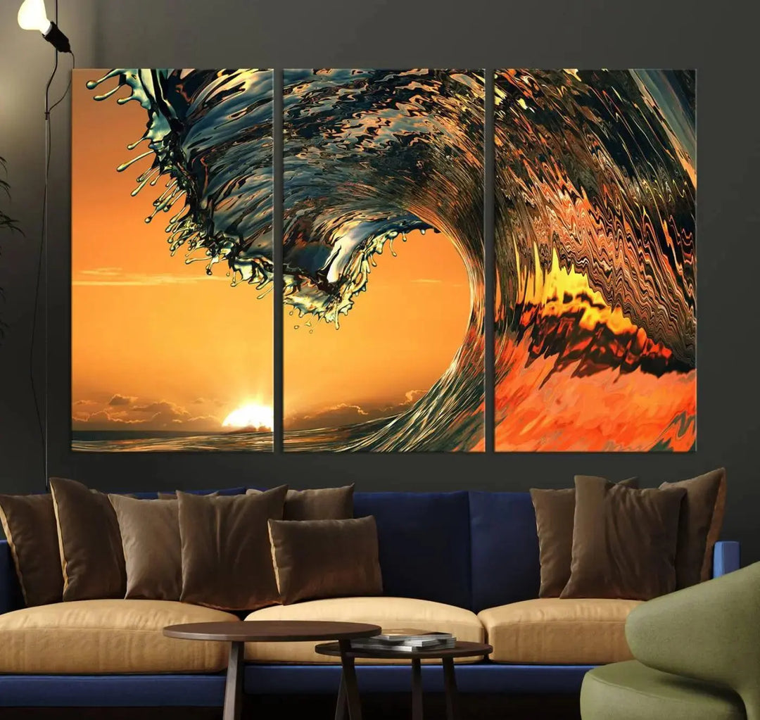 Enhance your modern living room with the Cool Rip Curl Ocean Wave with Perfect Sunset canvas wall art print, a museum-quality triptych depicting a crashing wave at sunset, beautifully crafted on premium canvas.