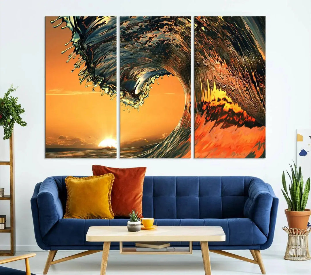 Enhance your modern living room with the Cool Rip Curl Ocean Wave with Perfect Sunset canvas wall art print, a museum-quality triptych depicting a crashing wave at sunset, beautifully crafted on premium canvas.