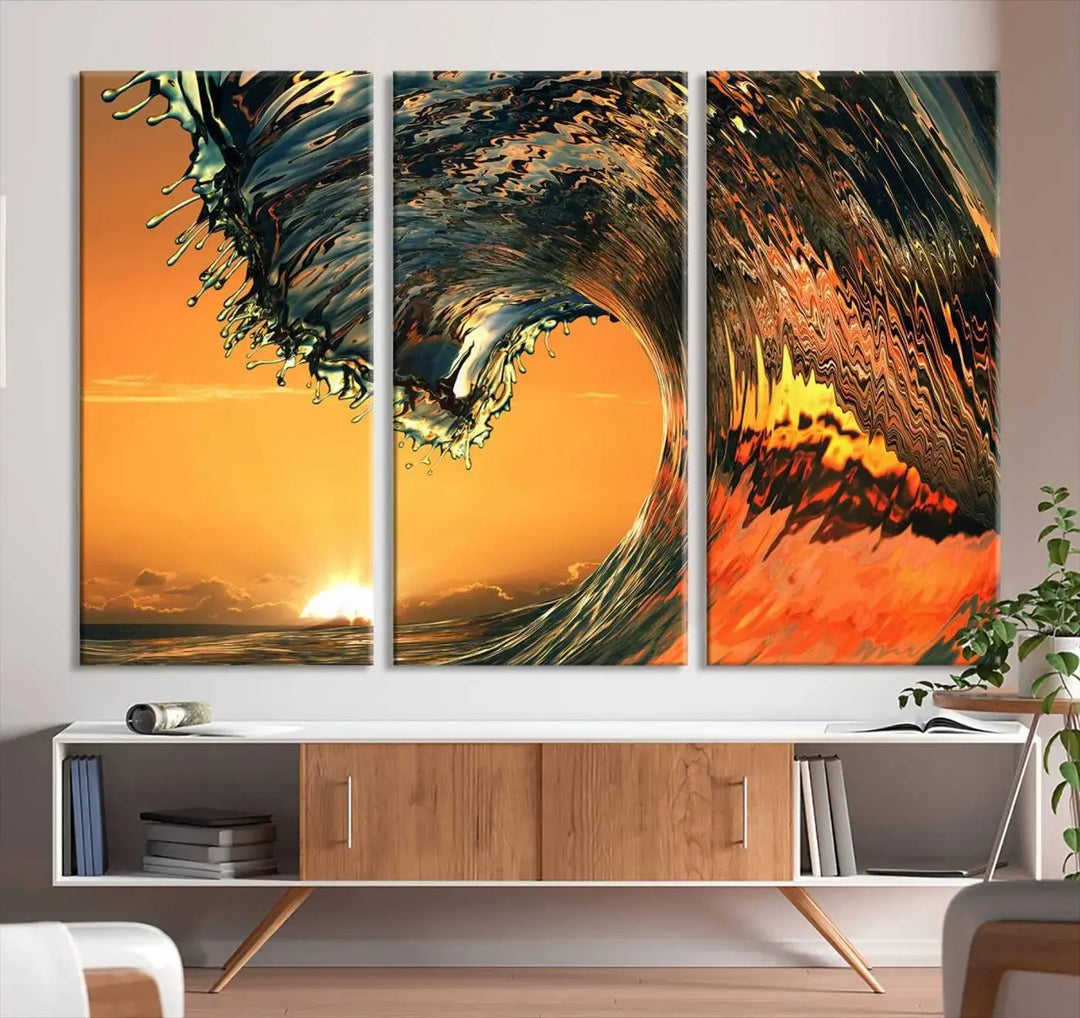 Enhance your modern living room with the Cool Rip Curl Ocean Wave with Perfect Sunset canvas wall art print, a museum-quality triptych depicting a crashing wave at sunset, beautifully crafted on premium canvas.