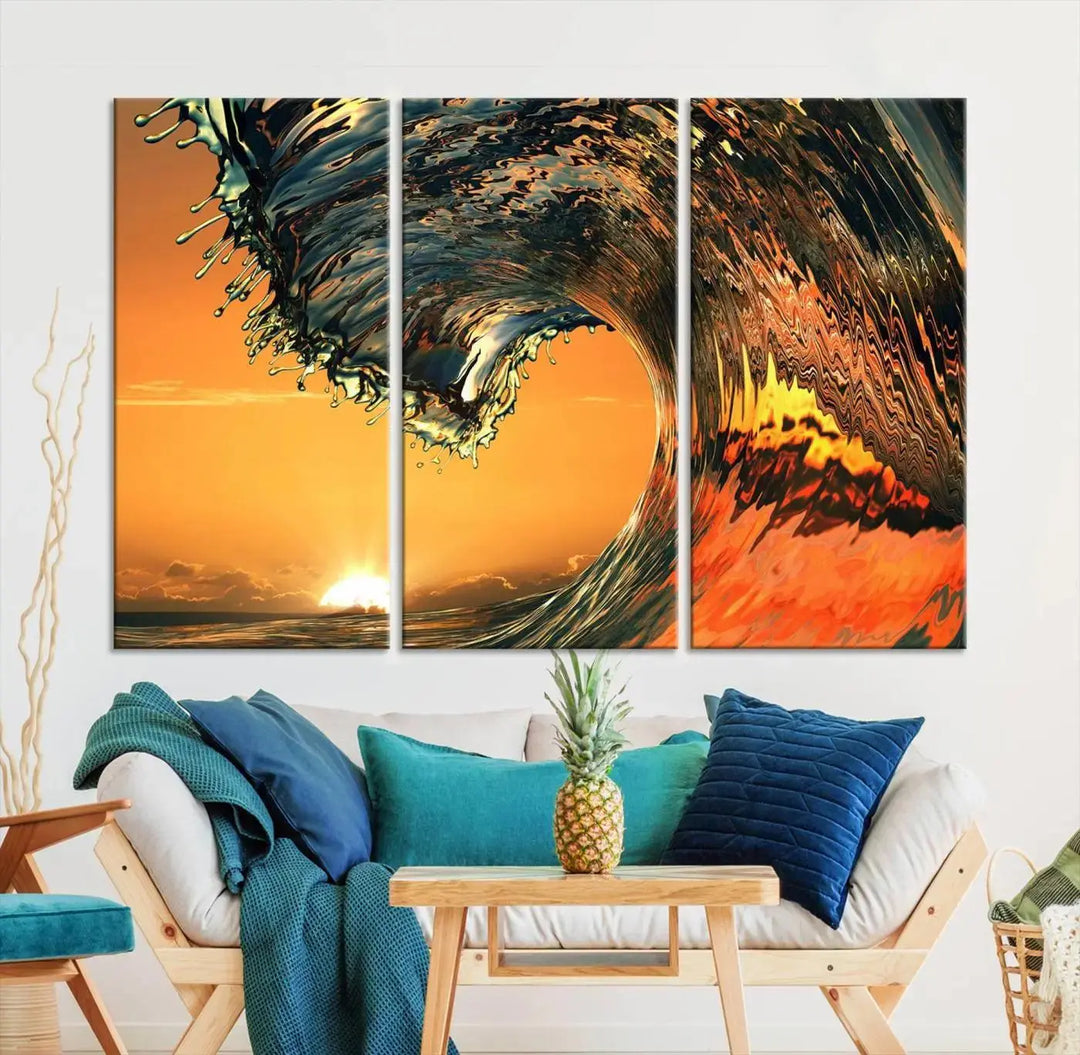 Enhance your modern living room with the Cool Rip Curl Ocean Wave with Perfect Sunset canvas wall art print, a museum-quality triptych depicting a crashing wave at sunset, beautifully crafted on premium canvas.