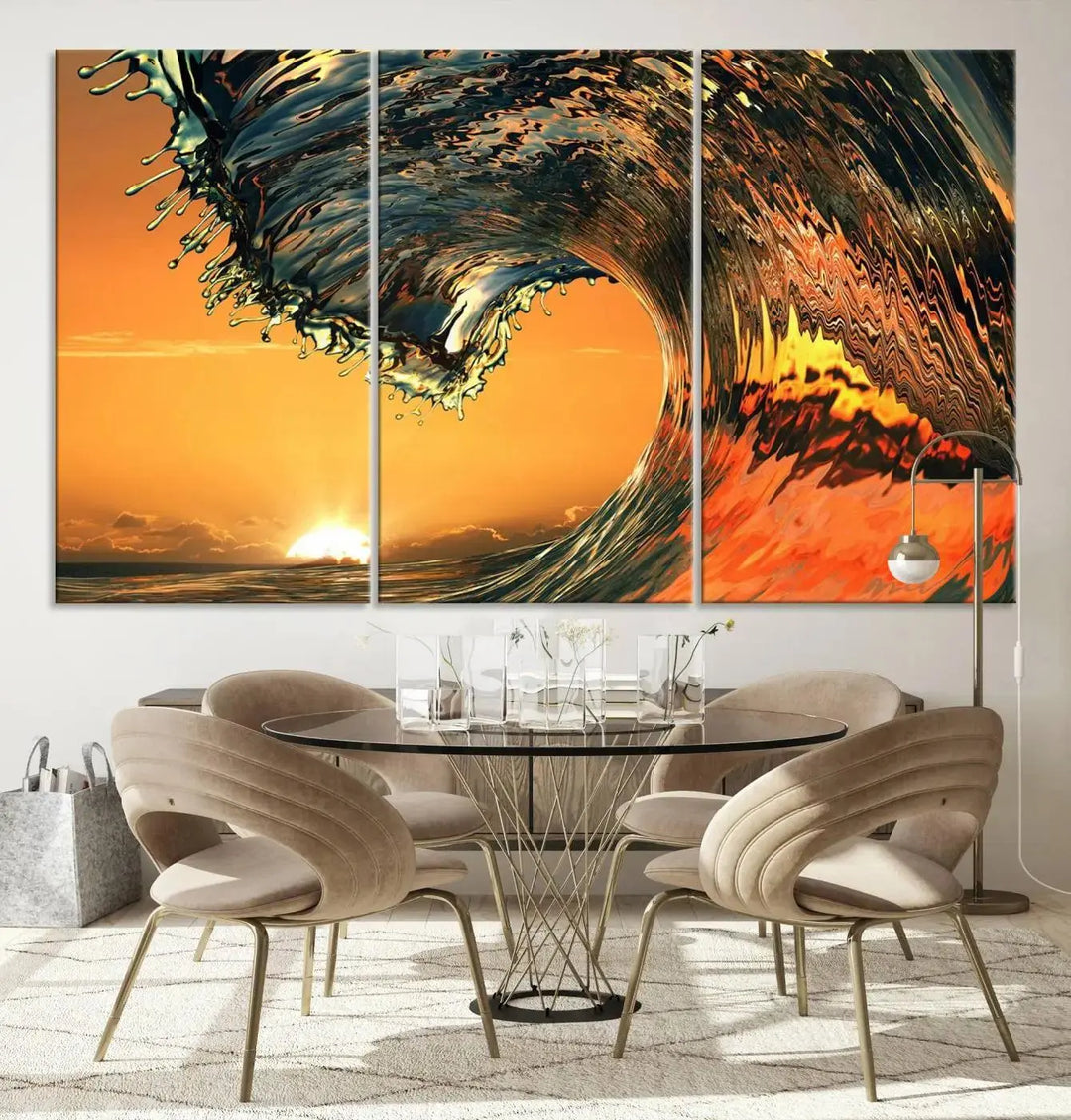 Enhance your modern living room with the Cool Rip Curl Ocean Wave with Perfect Sunset canvas wall art print, a museum-quality triptych depicting a crashing wave at sunset, beautifully crafted on premium canvas.