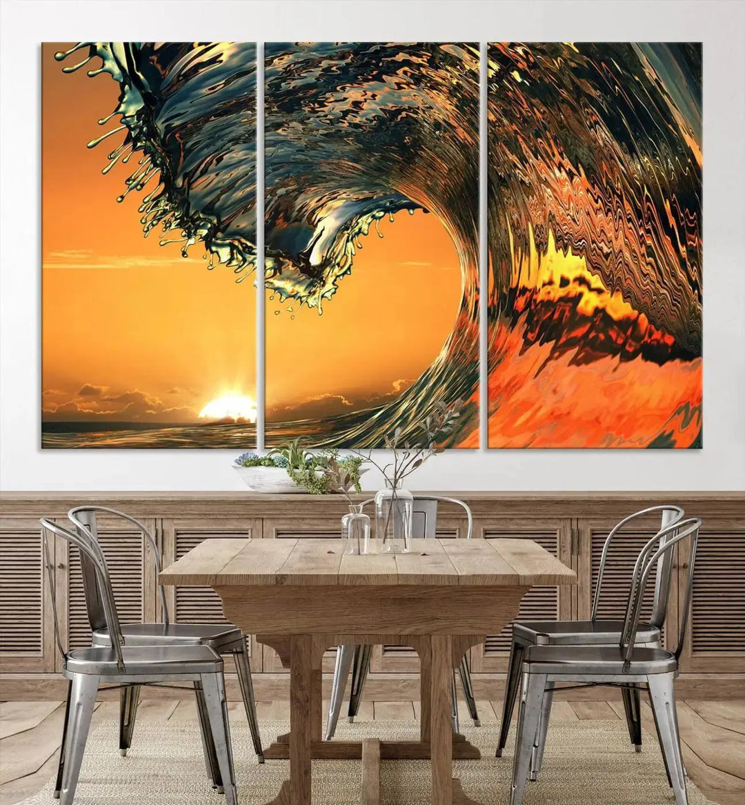 Enhance your modern living room with the Cool Rip Curl Ocean Wave with Perfect Sunset canvas wall art print, a museum-quality triptych depicting a crashing wave at sunset, beautifully crafted on premium canvas.