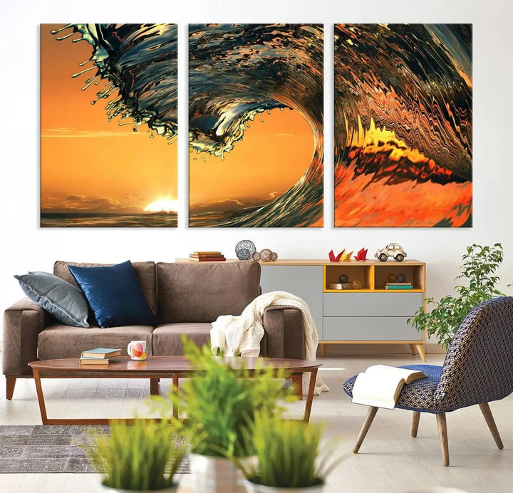 Enhance your modern living room with the Cool Rip Curl Ocean Wave with Perfect Sunset canvas wall art print, a museum-quality triptych depicting a crashing wave at sunset, beautifully crafted on premium canvas.