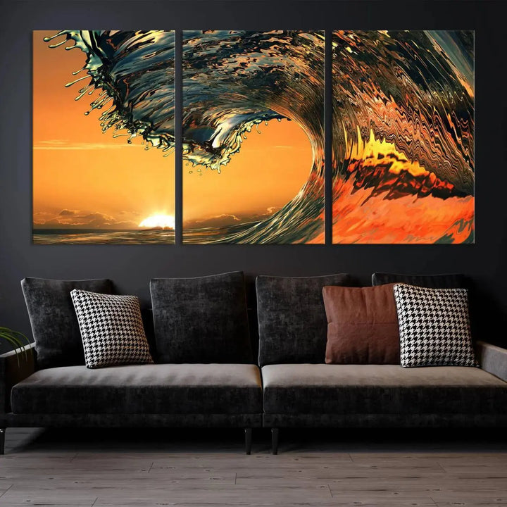 Enhance your modern living room with the Cool Rip Curl Ocean Wave with Perfect Sunset canvas wall art print, a museum-quality triptych depicting a crashing wave at sunset, beautifully crafted on premium canvas.