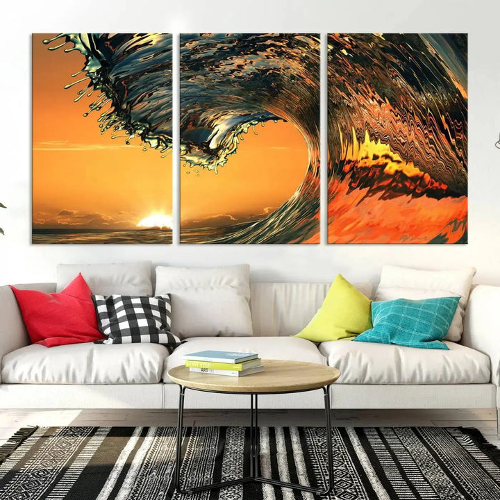 Enhance your modern living room with the Cool Rip Curl Ocean Wave with Perfect Sunset canvas wall art print, a museum-quality triptych depicting a crashing wave at sunset, beautifully crafted on premium canvas.