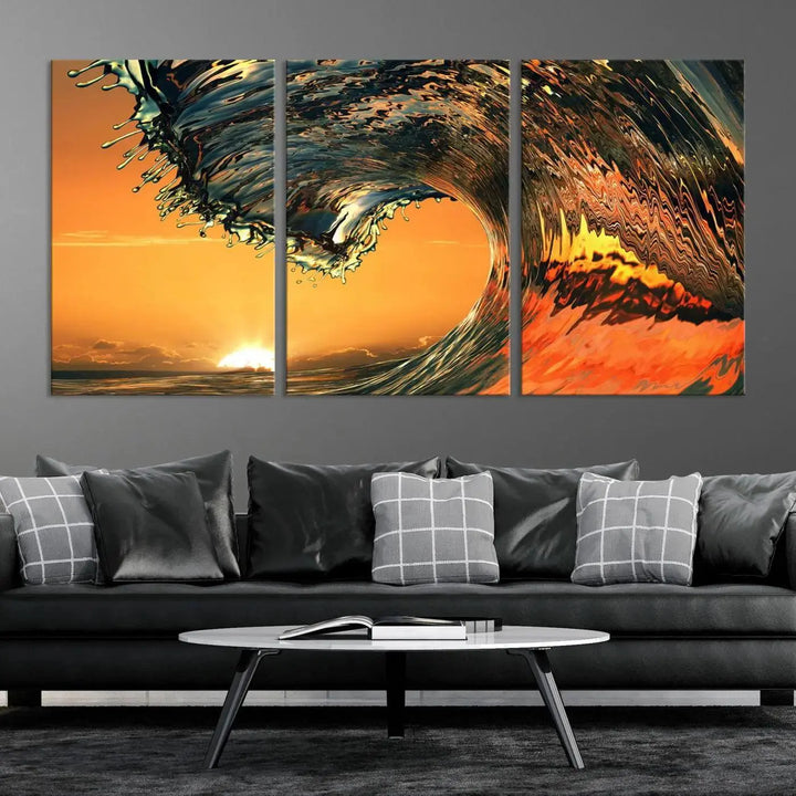 Enhance your modern living room with the Cool Rip Curl Ocean Wave with Perfect Sunset canvas wall art print, a museum-quality triptych depicting a crashing wave at sunset, beautifully crafted on premium canvas.