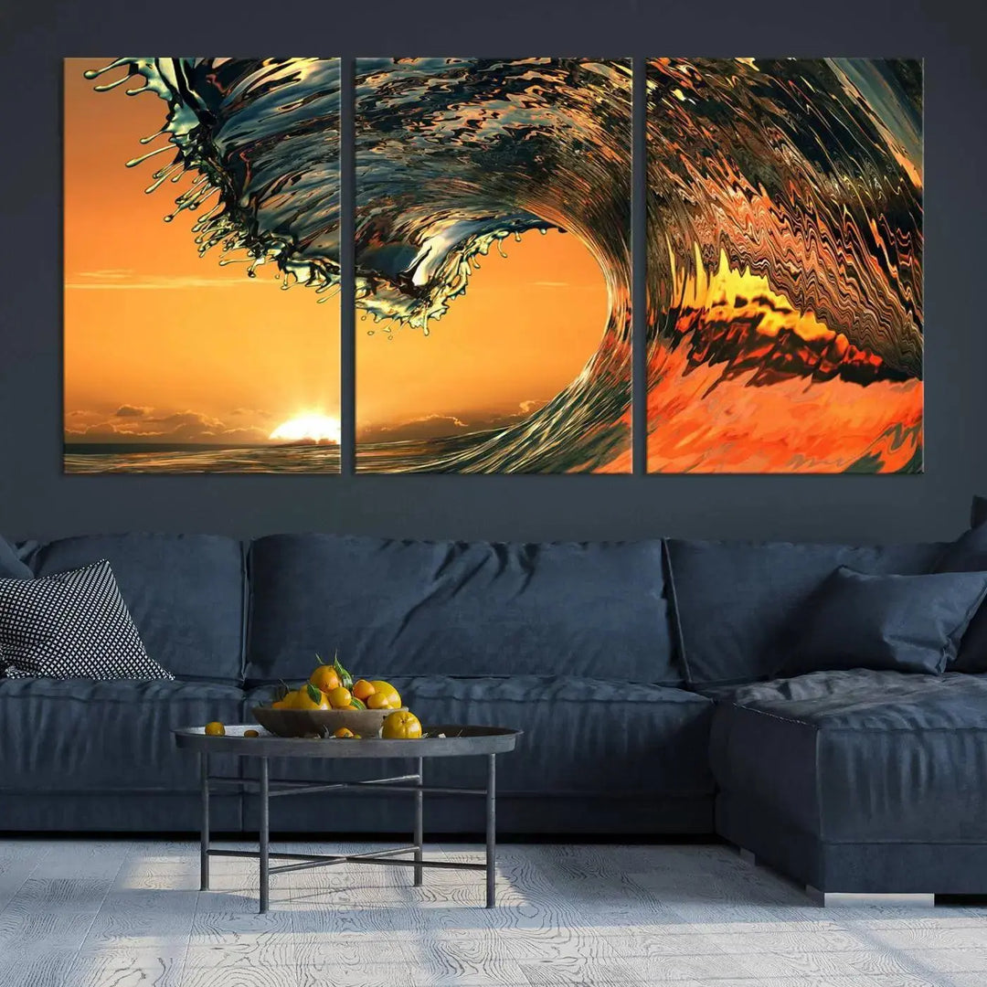 Enhance your modern living room with the Cool Rip Curl Ocean Wave with Perfect Sunset canvas wall art print, a museum-quality triptych depicting a crashing wave at sunset, beautifully crafted on premium canvas.