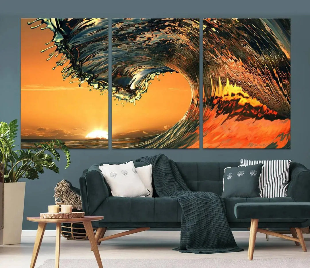 Enhance your modern living room with the Cool Rip Curl Ocean Wave with Perfect Sunset canvas wall art print, a museum-quality triptych depicting a crashing wave at sunset, beautifully crafted on premium canvas.