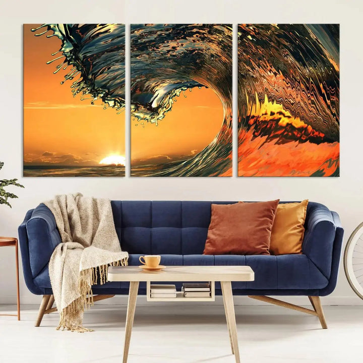 Enhance your modern living room with the Cool Rip Curl Ocean Wave with Perfect Sunset canvas wall art print, a museum-quality triptych depicting a crashing wave at sunset, beautifully crafted on premium canvas.