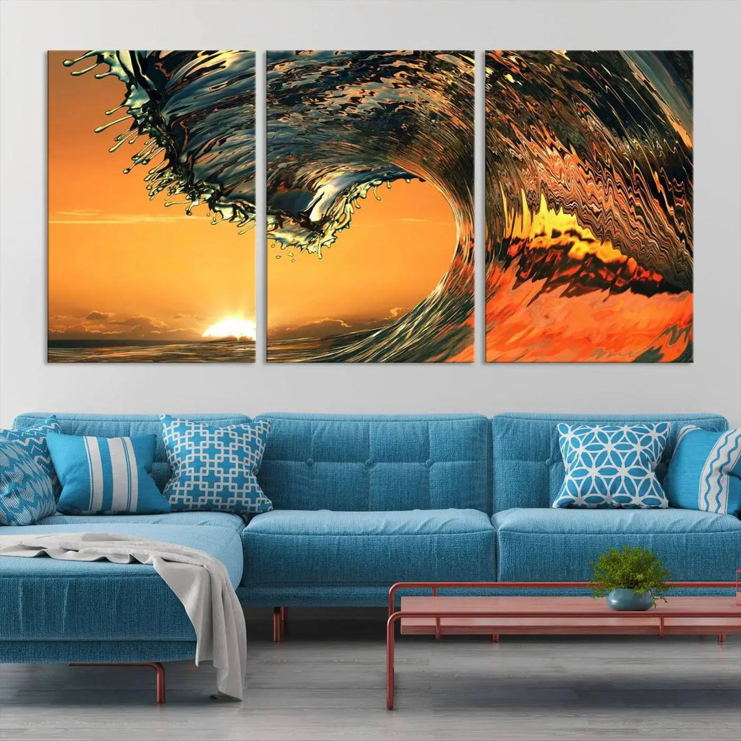 Enhance your modern living room with the Cool Rip Curl Ocean Wave with Perfect Sunset canvas wall art print, a museum-quality triptych depicting a crashing wave at sunset, beautifully crafted on premium canvas.