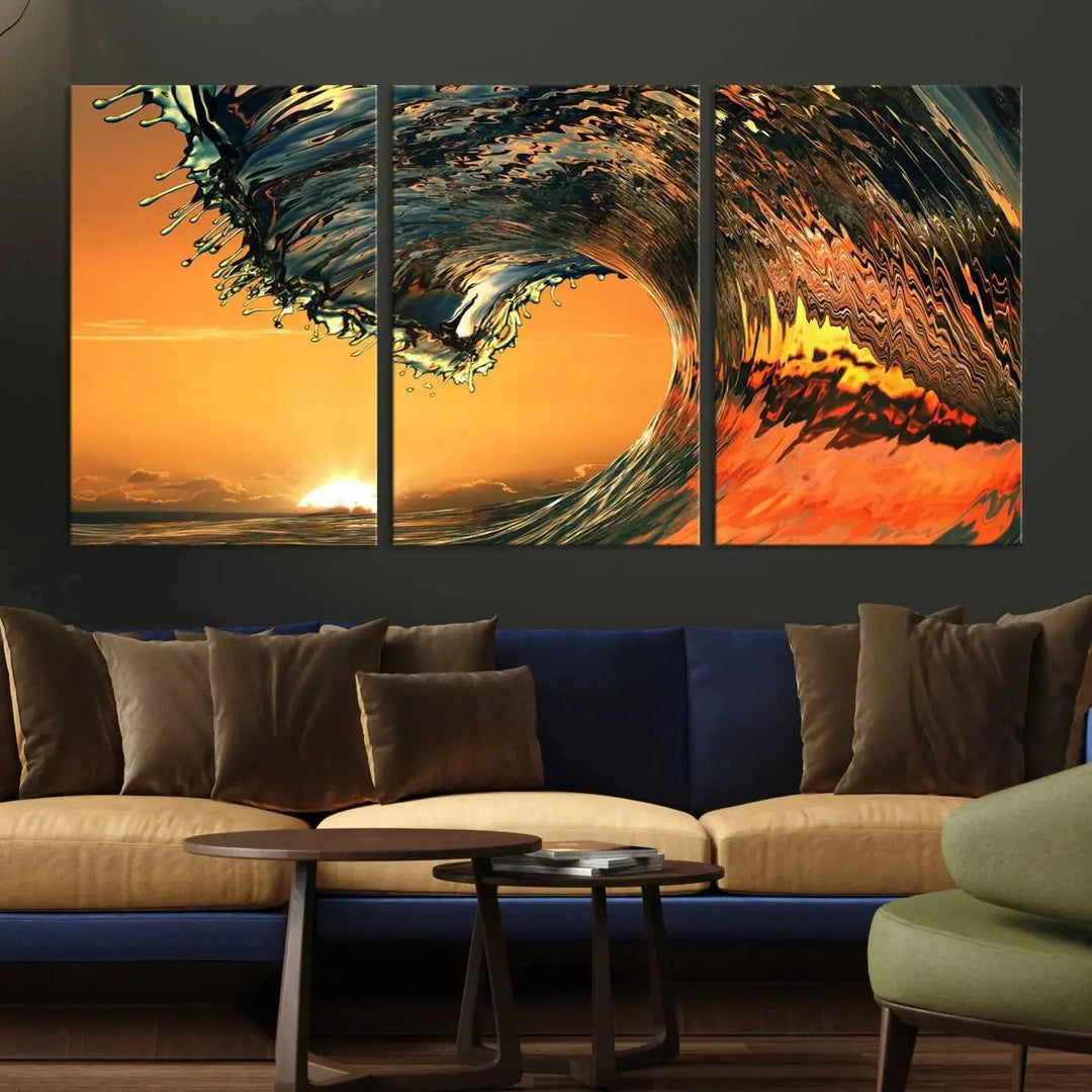 Enhance your modern living room with the Cool Rip Curl Ocean Wave with Perfect Sunset canvas wall art print, a museum-quality triptych depicting a crashing wave at sunset, beautifully crafted on premium canvas.