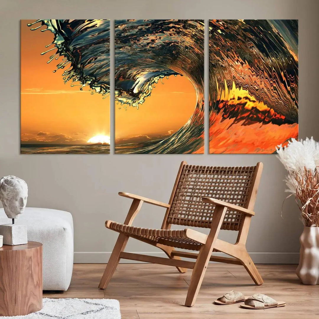 Enhance your modern living room with the Cool Rip Curl Ocean Wave with Perfect Sunset canvas wall art print, a museum-quality triptych depicting a crashing wave at sunset, beautifully crafted on premium canvas.