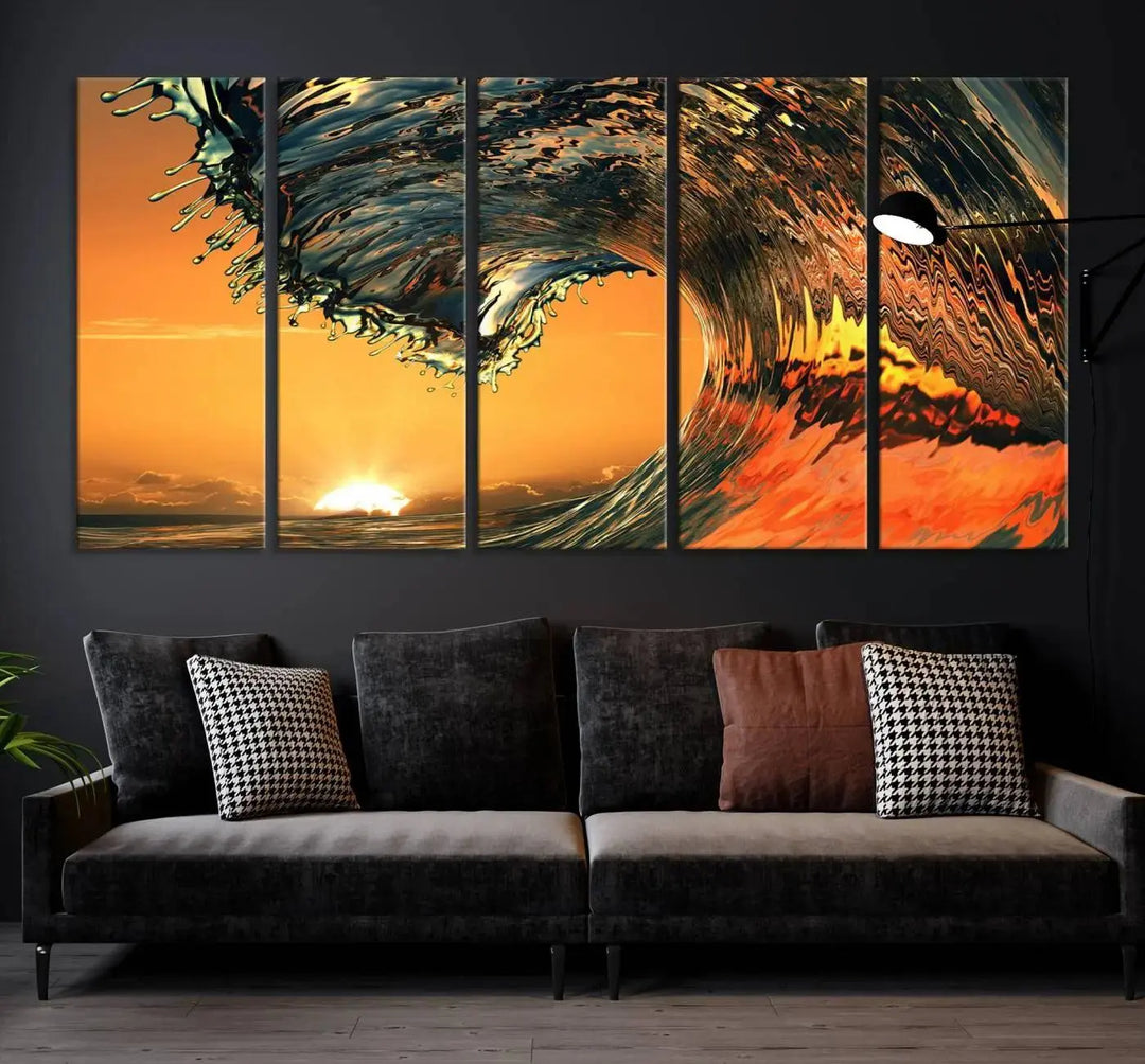 Enhance your modern living room with the Cool Rip Curl Ocean Wave with Perfect Sunset canvas wall art print, a museum-quality triptych depicting a crashing wave at sunset, beautifully crafted on premium canvas.